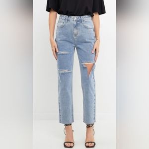 ENGLISH FACTORY HIGH WAIST, RIPPED, RAW HEM MOM JEANS: